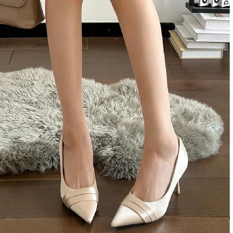 Fashion French Satin Pointed Toe High Heels Women's 2025 New Shallow Mouth Stiletto Single Shoes
