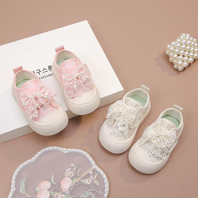Girls Canvas Shoes Sweet Lace Bows Kids Flat Shoes Soft Bottom Non-slip 2025 New Fashion Children Princess Shoes Beading Cute