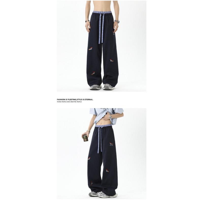 Vintage Puppy Embroidery Loose Wide Leg Double Waist Casual Fleece Long Pants For Men