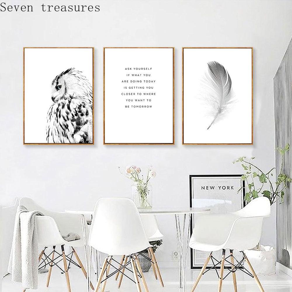 Nordic Black White Poster Owl Canvas Painting Feather Wall Art Print Quote For Living Room On The Wall Home Decor Modern Picture