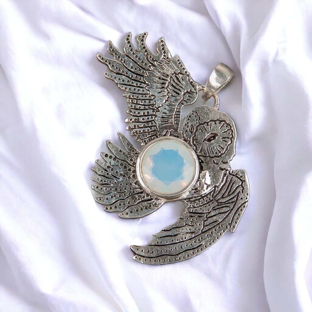 925 Sterling Silver Multi Gemstone Owl Designer Good Luck Jewelry Pendant 1.3" CP-16