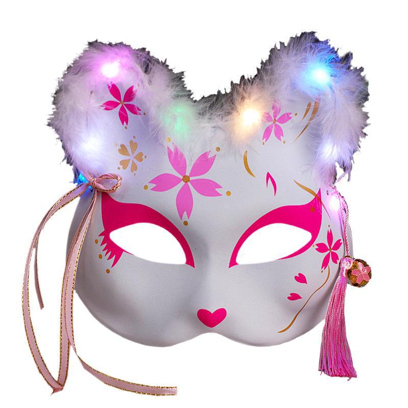 Świecąca Półtwarzowa Maska Lisa: Starożytny japoński styl anime dla kobiet i dzieci - Idealna dekoracja na Halloween