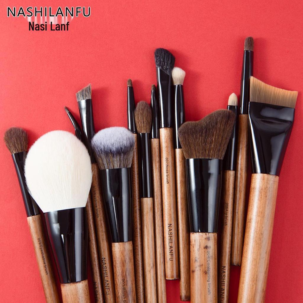 14-teiliges Make-up-Pinselset aus Naturholz mit Tierhaar - Enthält Augenpinsel, Rouge- und Lidschattenwerkzeuge