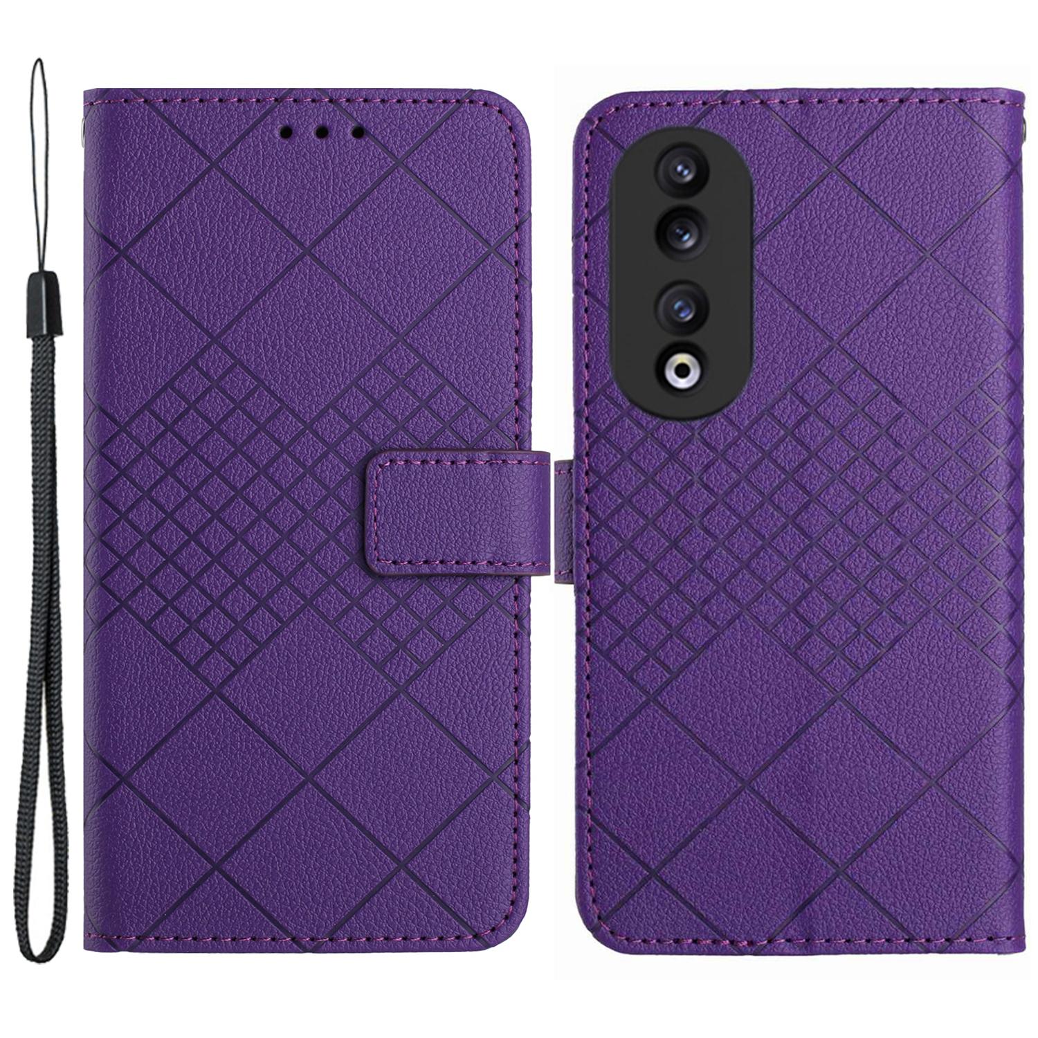 

HT06 Imprinted Leather Cover for Honor 90 Phone Case with Stand Wallet Dark Purple