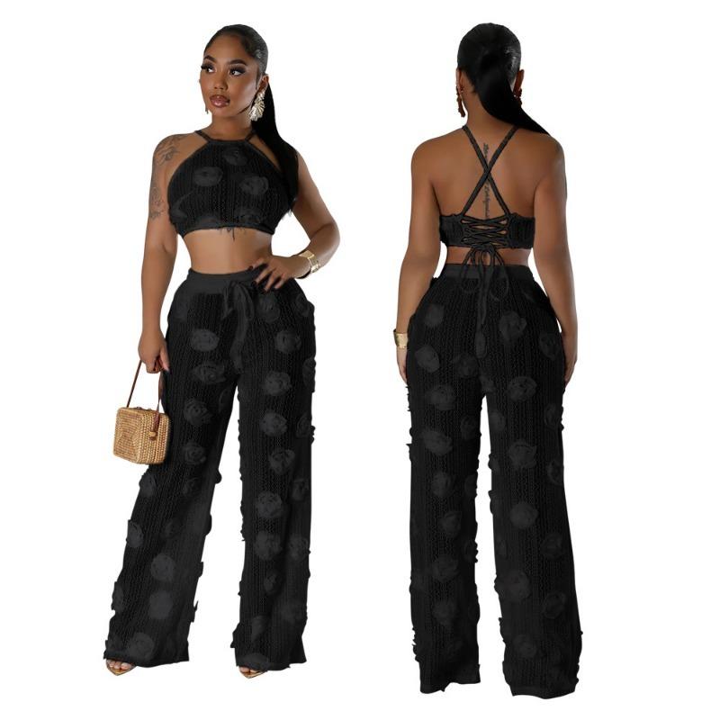 Women's Lace-Up Short Top with Loose Slim Pants Pure Colour See-Through Two Piece Set
