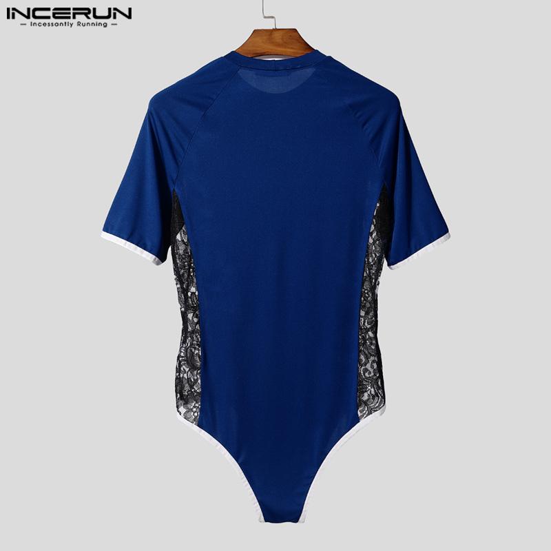 INCERUN Men's Short Sleeve Side Lace Patchwork Jumpsuits Fitted Playsuits Home Wear
