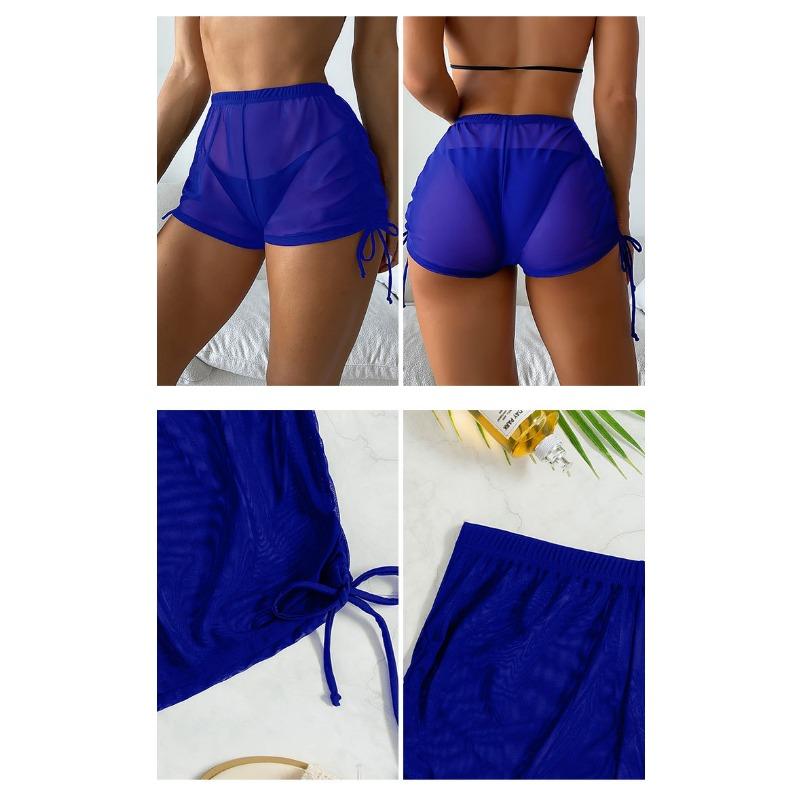 Women S Solid Color Sheer Mesh Drawstring Beach Bikini Shorts