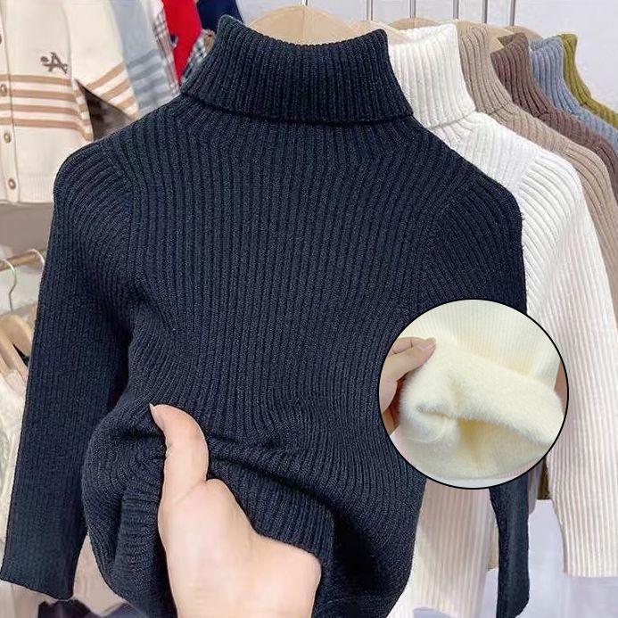 Kids Autumn Winter Thickened Fleece Lined High Neck Knit Sweater Warm Base Layer Top For Toddlers And Children