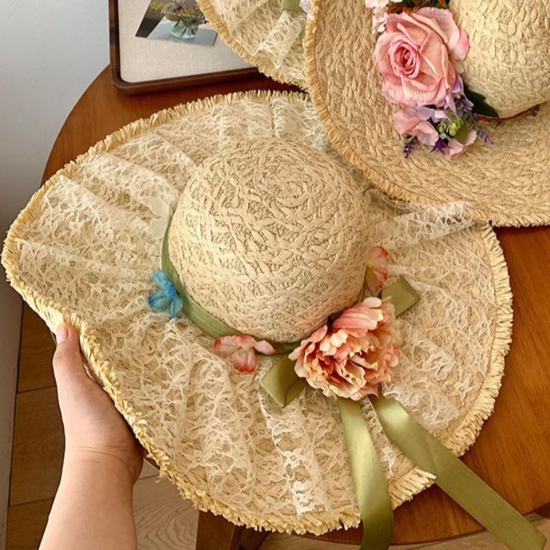 1pc Sweet Flower Bow Lace Straw Hat for Women,summer Sun Beach Vacation Style,big Brim,sunshade Sun Protection Hat for Tralve
