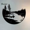 Decorative Accents for Home Round Nature Scene Iron Wall Art, Forest Lake Boating Metal Decor, Backyard Balcony Ornament Crafts Rustic Background