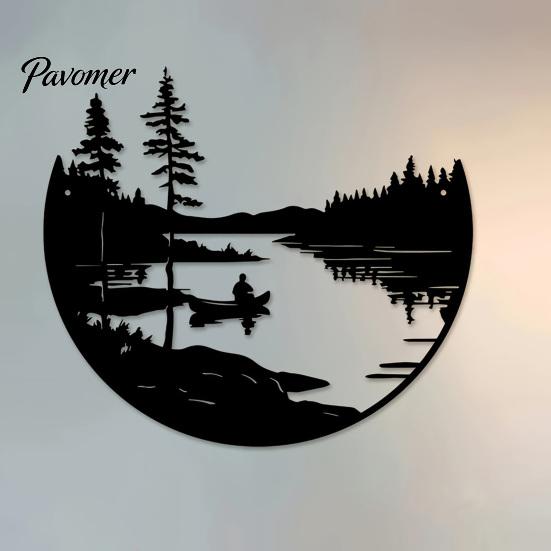 Decorative Accents for Home Round Nature Scene Iron Wall Art, Forest Lake Boating Metal Decor, Backyard Balcony Ornament Crafts Rustic Background