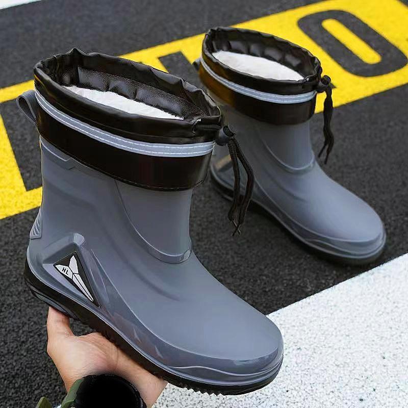 

Мужские однотонные нескользящие осенне-зимние теплые водонепроницаемые дождевые туфли с набивкой из ворса для работы на открытом воздухе, дышащая одежда, дождевые туфли 39