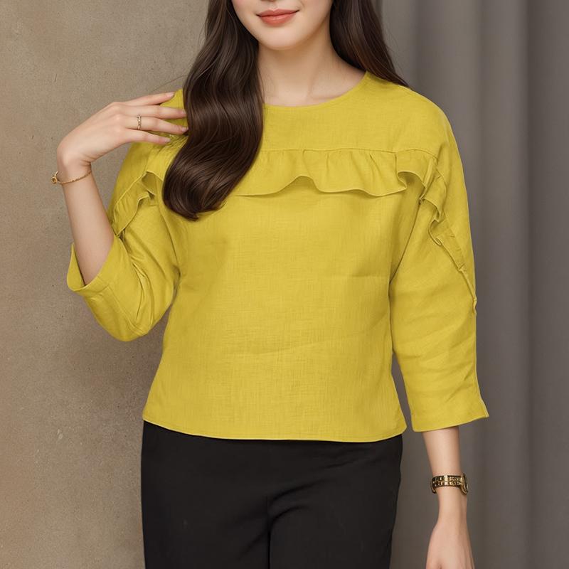 

ZANZEA Женская повседневная блузка с круглым вырезом, однотонная, свободного кроя, с длинным рукавом 5XL жёлтый