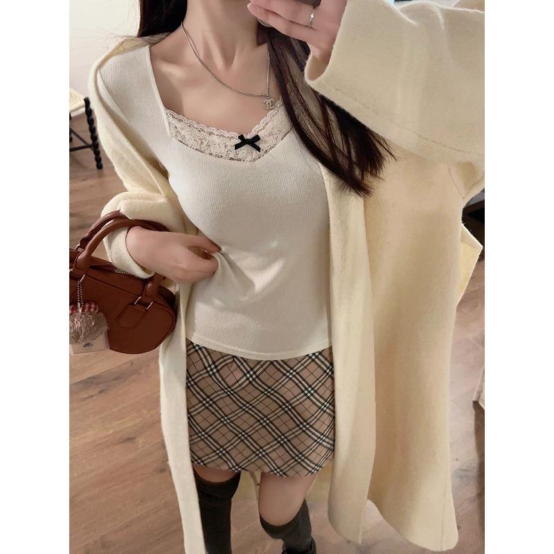 

Sexy fashion lace edge bow square neck slim-fitting long-sleeved shirt women s spring sweet and spicy inner top versatile XL абрикосовий