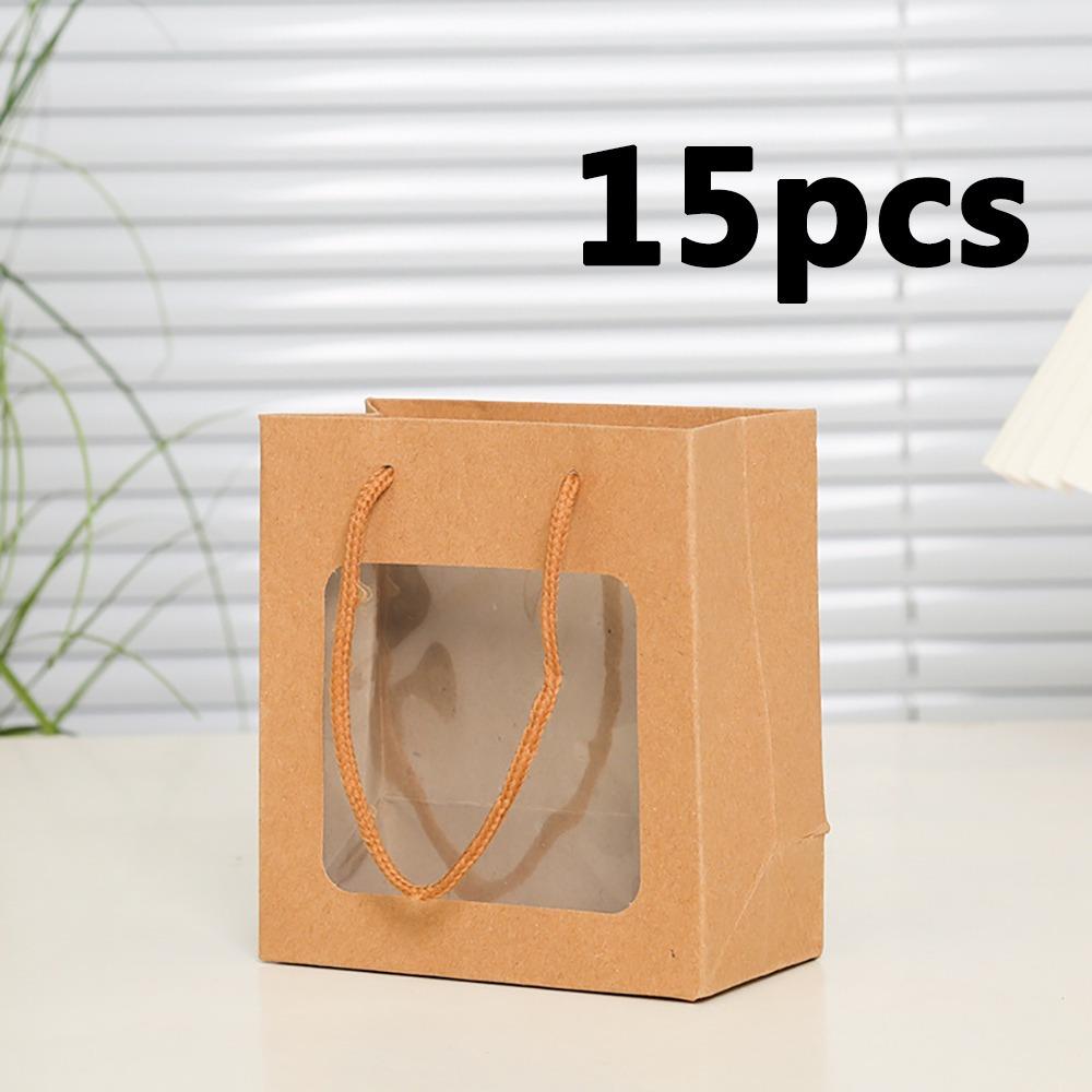 

15 шт. подарочных пакетов из крафт-бумаги с прозрачным окном и прочными ручками из полиэстера, прямоугольные, крепкого цвета дерева, переносные подарочные пакеты для букета на вечеринку 15pcs khaki