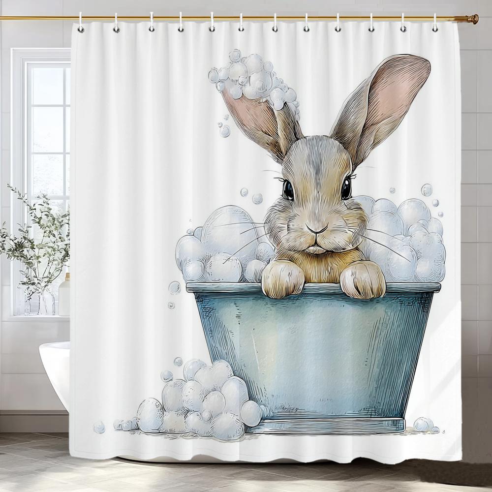 1pc Cartoon Cute Rabbit Bathing in Bathtub Print Waterproof Shower Partition Privacy Hanging Curtain with Hooks Machine Washable