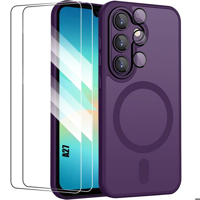 Coque pour Samsung Galaxy A27 5G, avec Film Caméra et Cercle Magnétique - Violet - 2 Verres Trempés