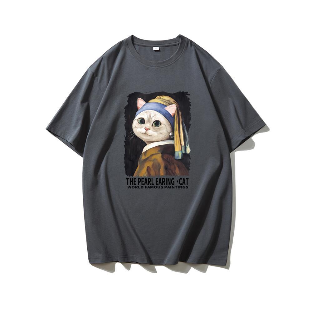Cute Fun Cat Men's Printed Short Sleeve Summer Casual Versatile Street Atmosphere T-Shirt Cool Breathable Oversized Top