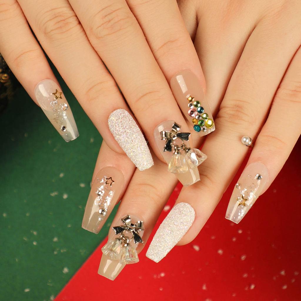 Christmas bow wearing nail art rectangular nail fake nail nail piece finished diamond wearing nail piece nail sticker