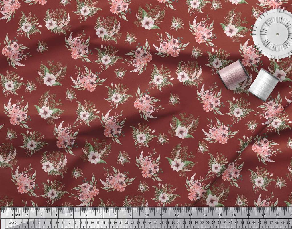 Soimoi Red Poly Crepe Fabric Mignon Dahlia & Peony Floral Fabric Prints By Metre 42 Inch