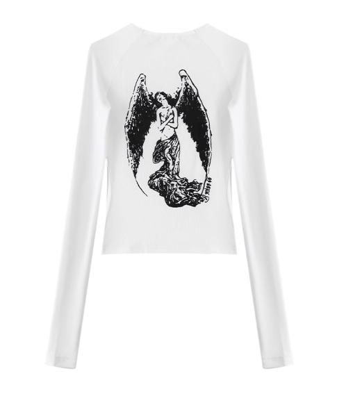 Black Retro Angel Print T-shirt for Women 2026 Autumn Fashion Slim Fit Tee Shirt Y2k E-Girl Long Sleeve Bottoming Tops Mujer