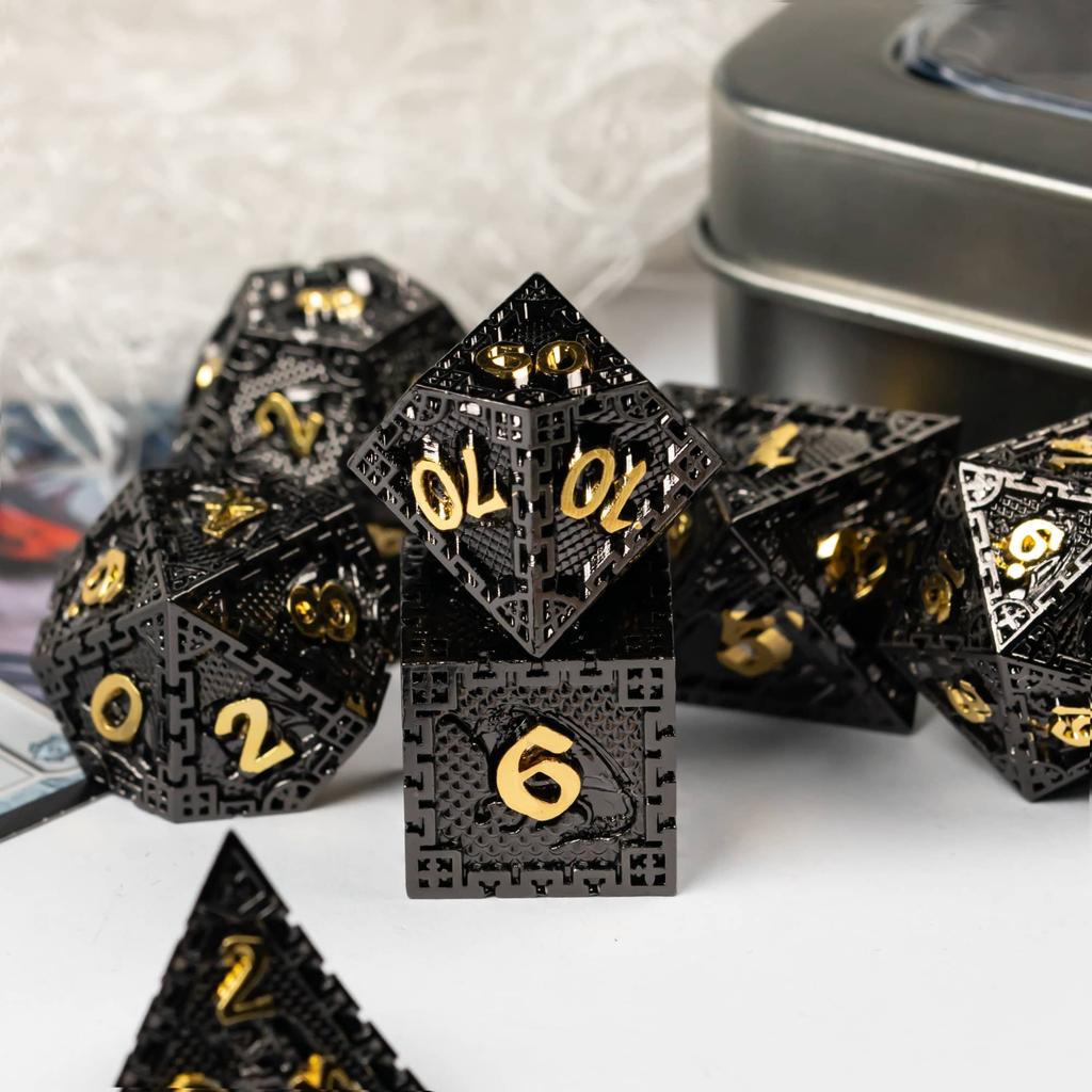 Cusdie DND Metal Solid Dice Dragon Pattern 7Pcs D4-D20 Polyhedral Dice Set for D&D Role Playing Game Pathfinder Board Games