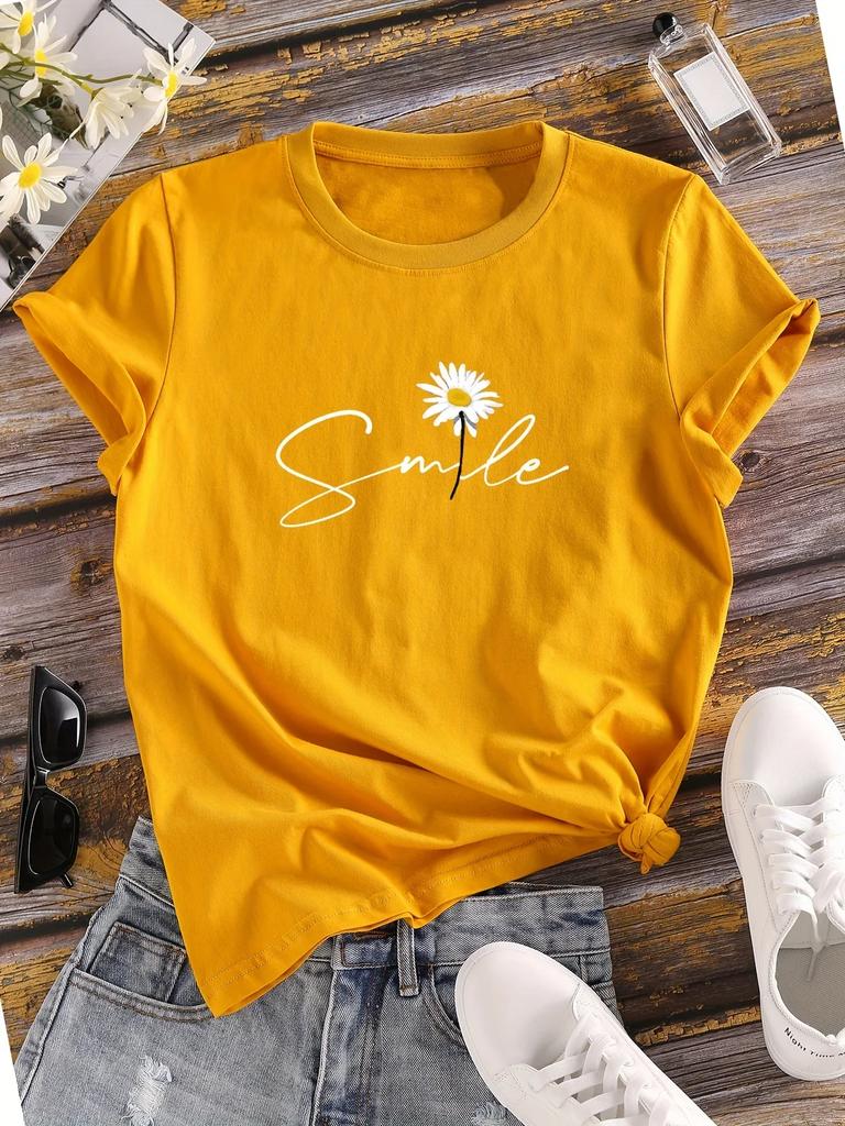 Flower & Letter Print Crew Neck T-Shirt Casual Short Sleeve T-Shirt for Summer Women's Clothing Comfortable Soft Creative Tops