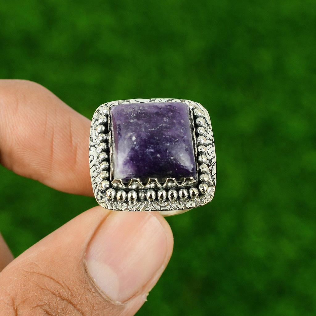Lepidolite Gemstone 925 Sterling Silver Bezel New Statement Sister Ring US 6.5