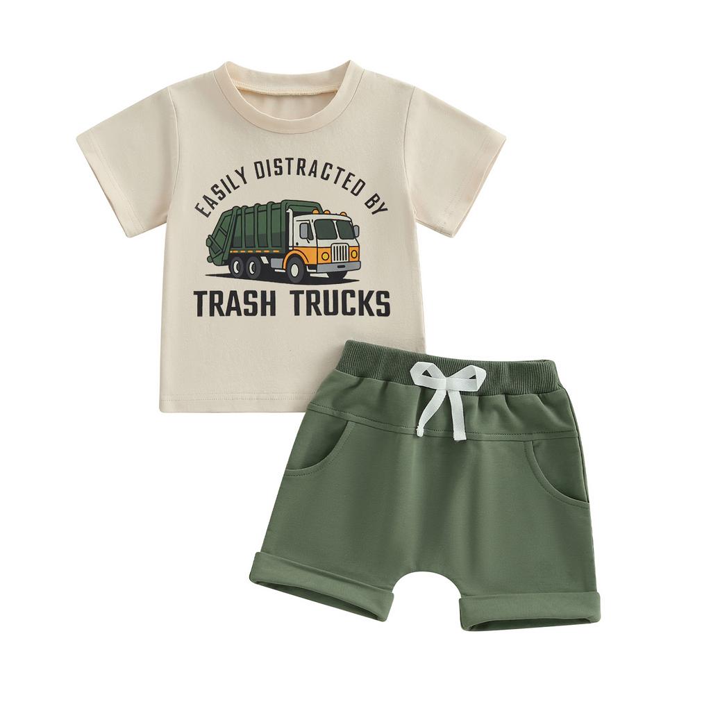 Tenues d'été pour tout-petits Garçons T-shirts à manches courtes imprimé Camion poubelle Lettre Short à taille élastique Ensemble 2 pièces