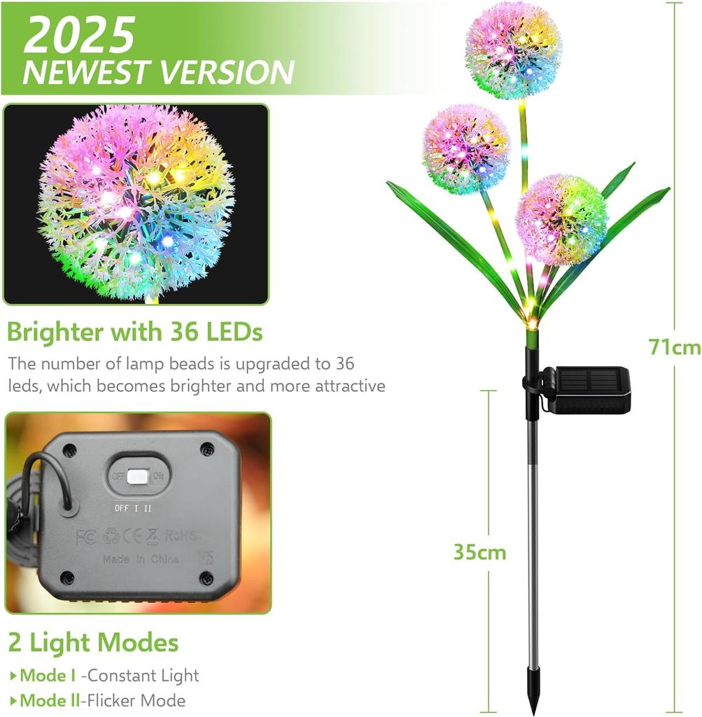 4 Pack Solar Garden Lights Decor Outdoor Lights Colorful Dandelion Flower Light  Bright Waterproof Solar Lights Christmas
