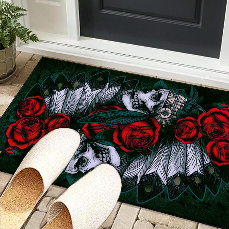 Skulls And Roses Artwork Office Rug Chair Mat, Entryway Carpet, Suitable for Front Door, Bedroom, Living Room, Desk, Holiday Gift