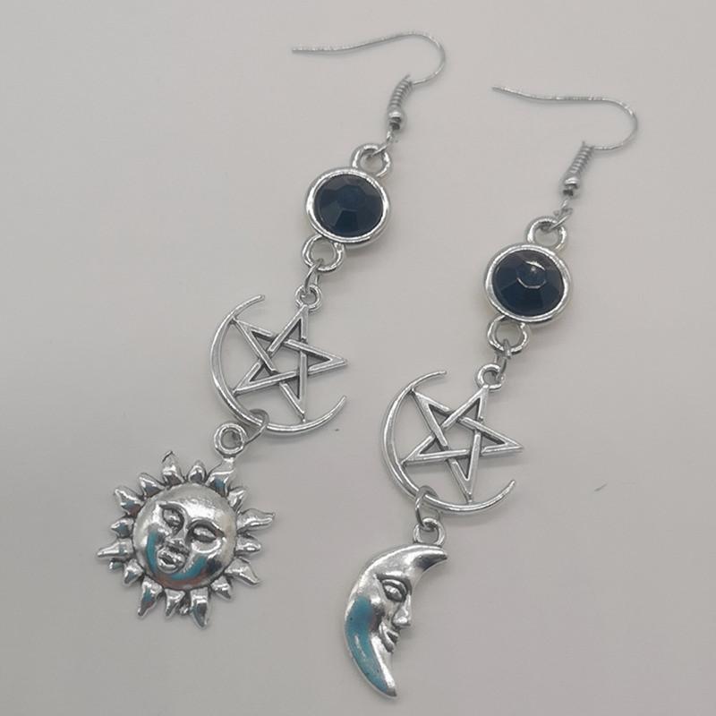 Pentagram Sword Earrings Silver Plated Hug Hoop Pendant Witch Jewelry Pagan Gothic  Women's Gift