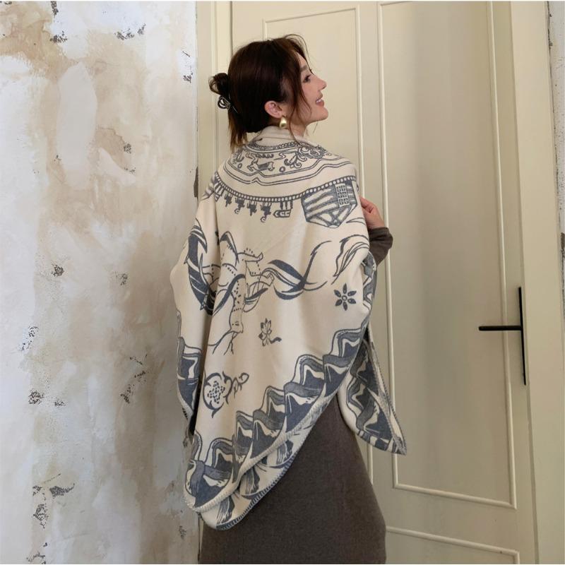 Autumn and Winter Wool Silk Thick Jacquard Shawl Women's High Sense Enlarged Versatile Scarf Dual-purpose Thermal Blanket