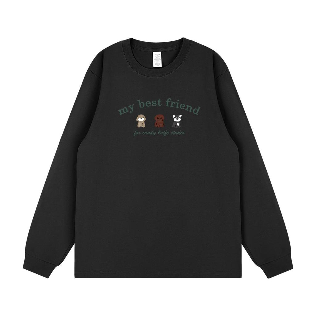 Korean Style Cute Cartoon Couple T-Shirt with Cuffed Long Sleeves for Autumn and Winter