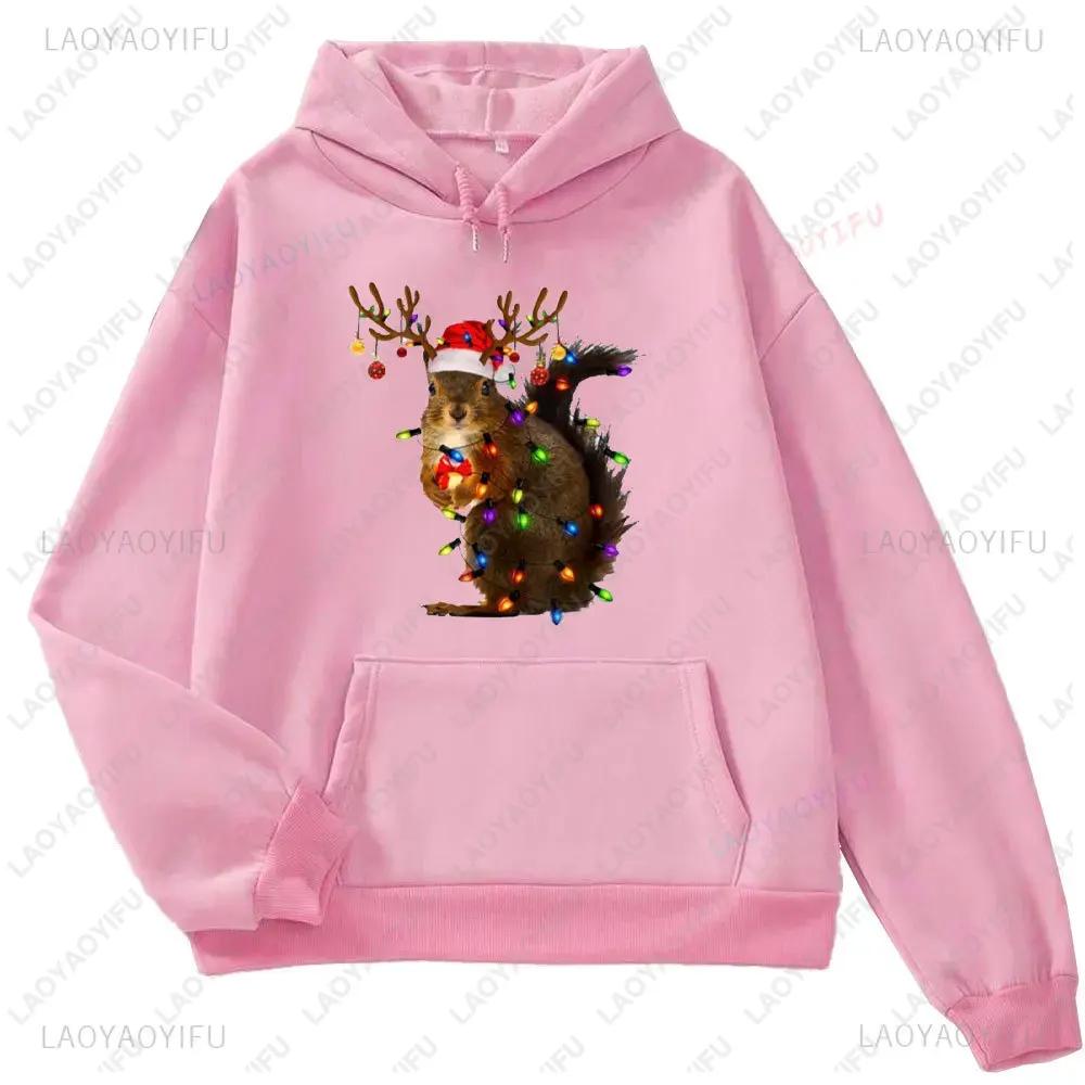 Christmas Squirrel Lights Sweatshirt Xmas Squirrel Hoodie Women Long Seleeve Sweater Santa Squirrel Gift Cute Christmas Sweater