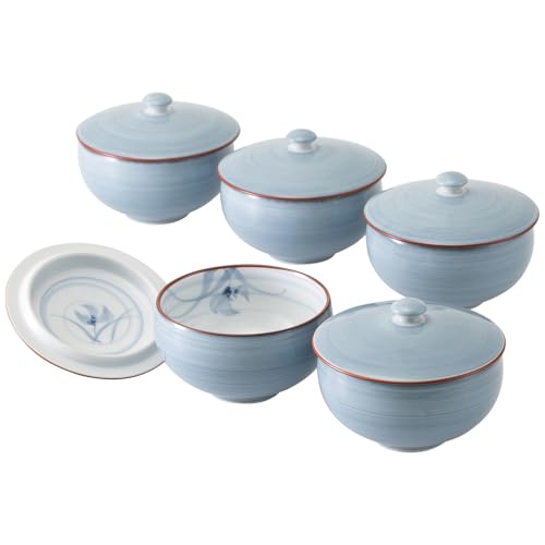 Nishikai Toki Hasami Ware Gray Orchid 5-Piece Teacup Set with Lids, Includes Cups, Sencha Bowls, and Kumizu (Japanese Teacups), Approximately 9.5cm