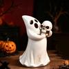 Eerie Halloween Figurine Depicting a Spirit Cradling a Skull, White Decoration with Antiqued Brown Features for Parties and Bar Displays
