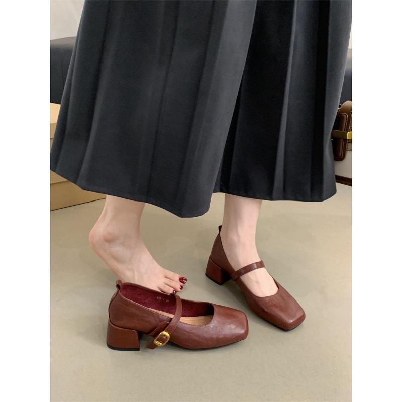 French retro square head light mouth single shoes women's middle heel spring and autumn evening temperament fairy thick heel Mary Jane small