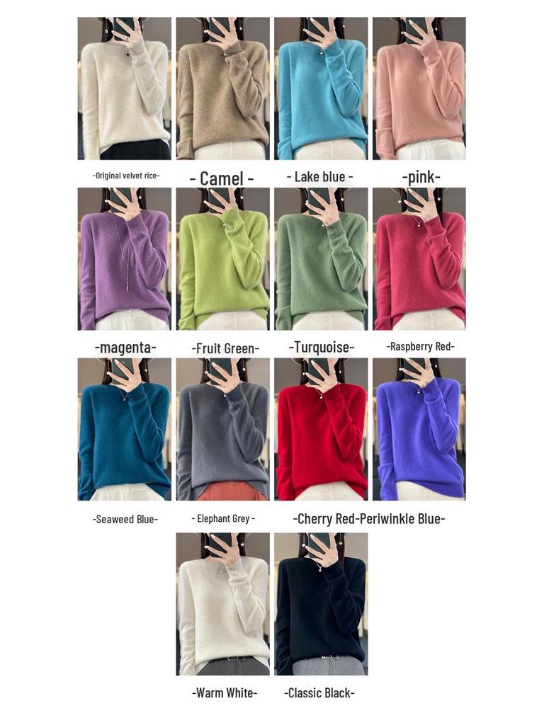 Women's Round Neck Wool Knit Sweater - Simple, Versatile, Long Sleeve Base Layer