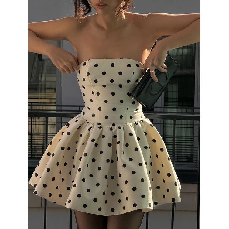 Dots Print Dress Women Chest Wrap Backless Bow Applique Ruffles Loose Hem 2025 Y2k Trend Streetwear Chic Mini Bodycon