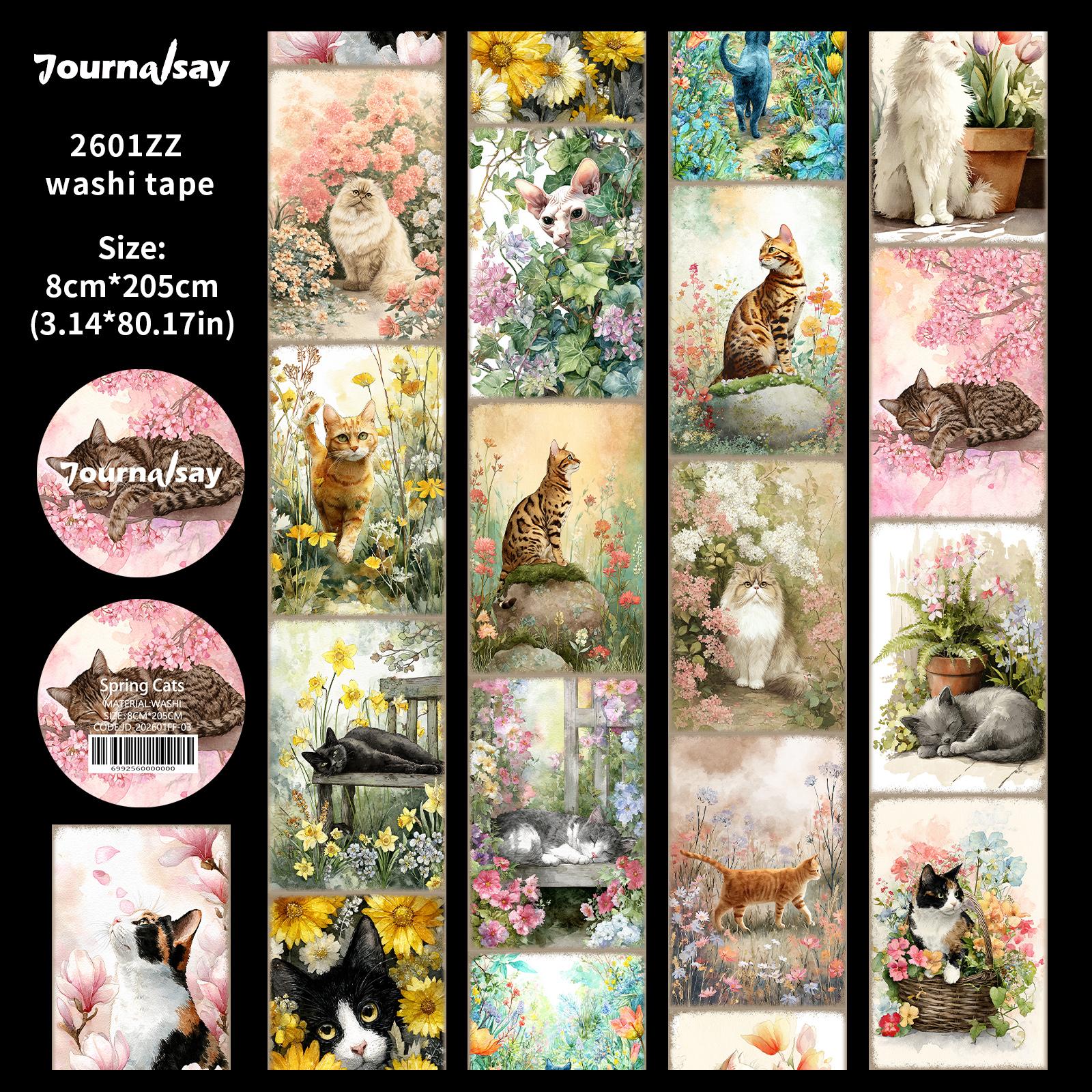 

JIANWU 80mm*205cm Vintage Spring Flower Cat Landscape Material Collage Scrapbooking Washi Tape Creative DIY Journal Stationery
