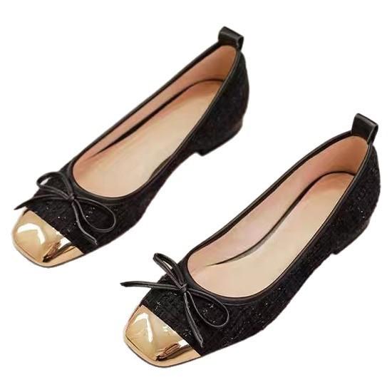 Ballet shoes new metal single shoes women's soft-soled shallow mouth 2025 spring and summer bow small fragrant square head flats