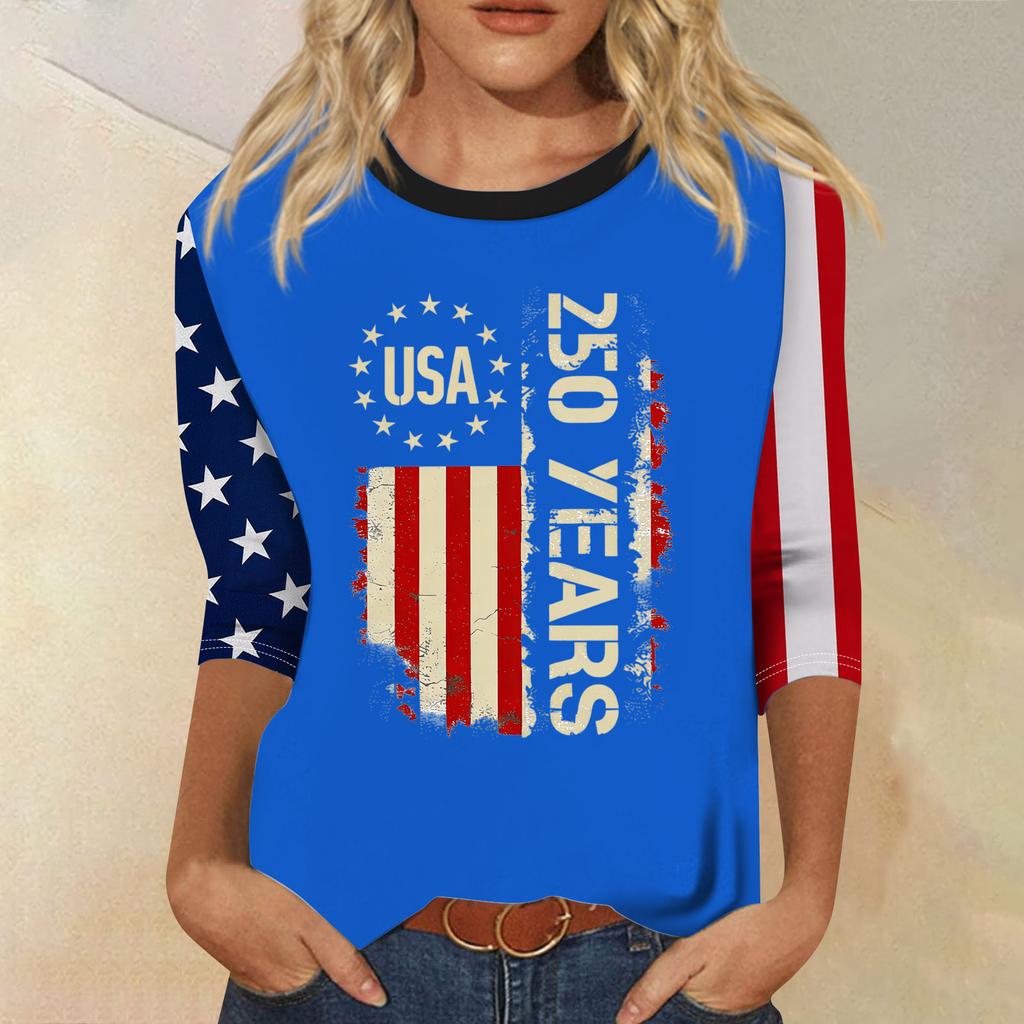 Women's Fashion Casual Seven-Sleeve Independence Day Print Round Neck Top
