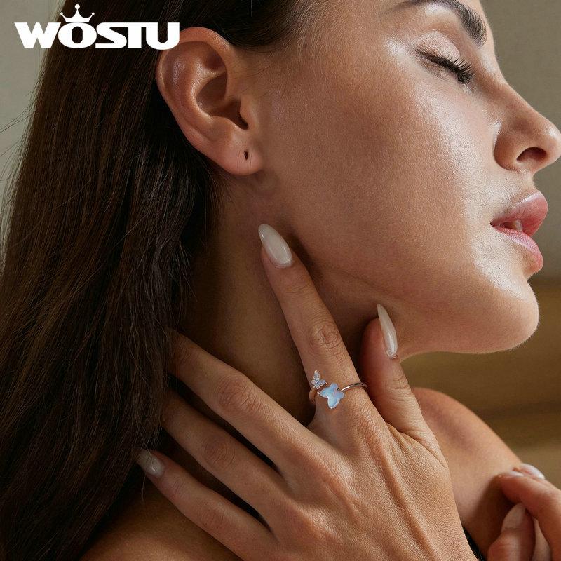 WOSTU Inel ajustabil cu fluture albastru de gheață din argint 925 pentru femei, opal de foc, piatră, insecte, inele rafinate de petrecere, cadou de nuntă
