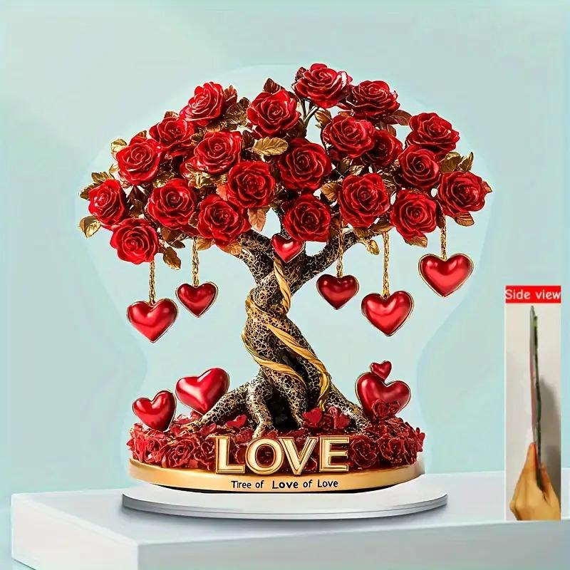Bohemian Style Acrylic Crystal Heart Rose Tree Decoration, Suitable for Halloween and Christmas Ornaments with Golden Base and Red Roses 