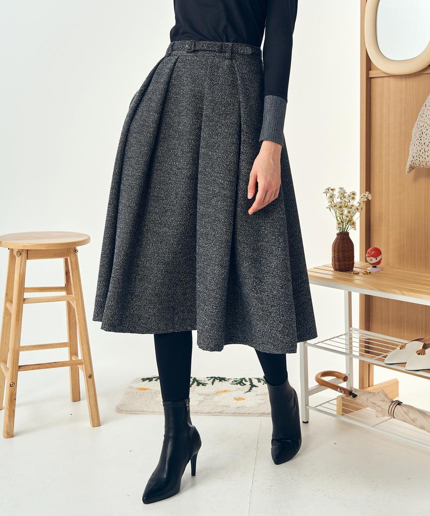 Pelimela Twill A-Line Belted Skirt (Gray)