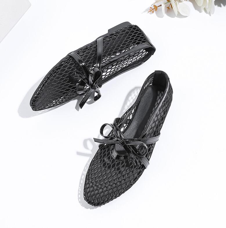 New Mesh bowknot Breathable Flats Female Hollow Soft Sole Comfort Mary Jane Women Leisure Ankle Strap Round Toe Ballet Shoes