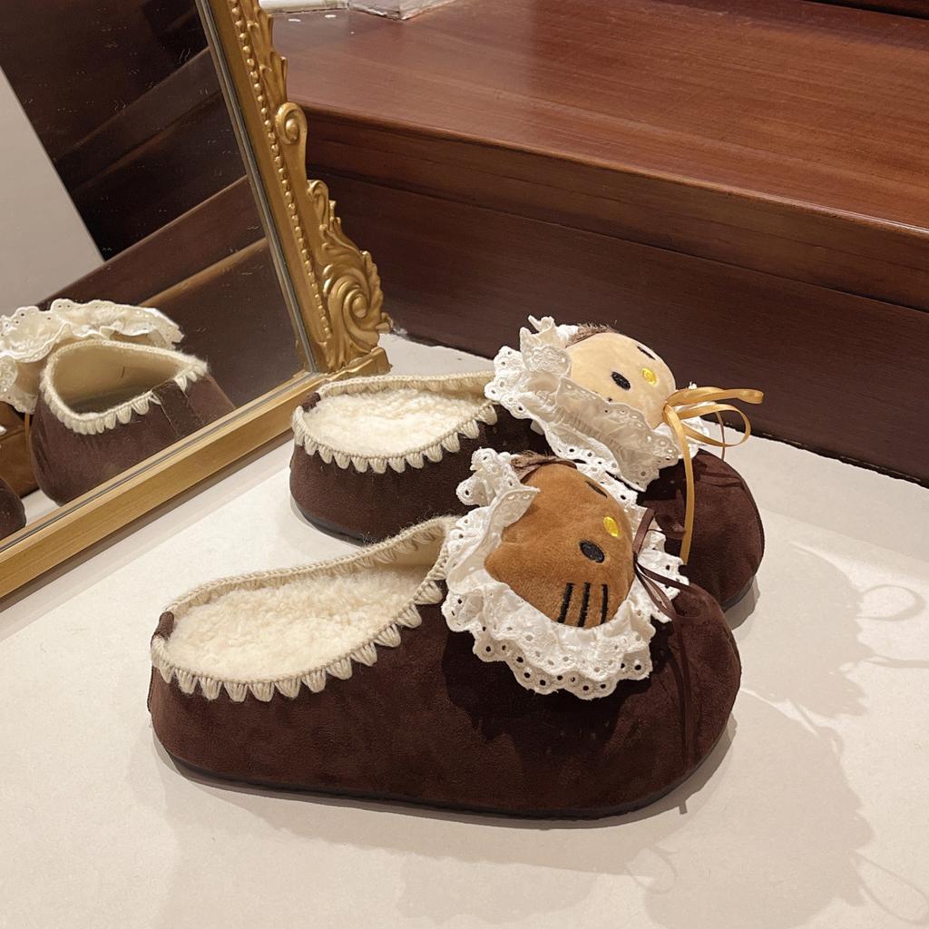 Suede Cute Cartoon Girl Flat-bottomed Slippers Summer and Autumn Kitten Casual Thick-soled One-pedal Bag Head Slippers Tide