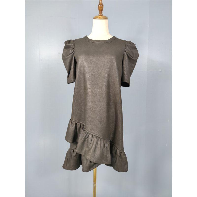 Export Single 2025 Fall and Winter New Arrival Suede Fabric Puff Short Sleeve Loose Plaid Dress Asymmetric Skirt