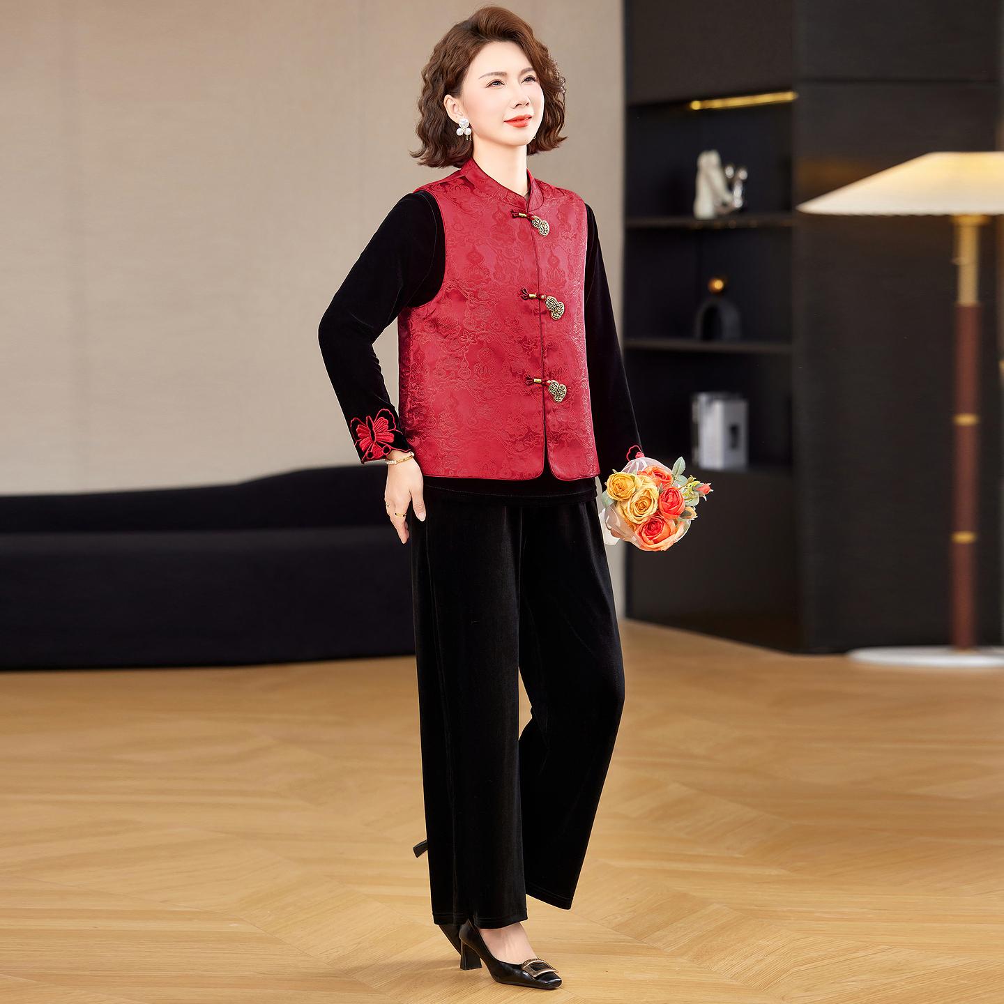 

Elegant Red Horse Year Vest Suit: Stylish Three-Piece Spring & Autumn Set for Middle-Aged and Elderly Women 2XL (105-120) красный
